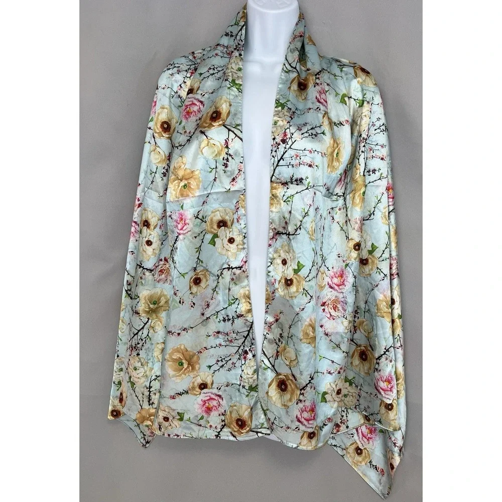 Women's Blossoms Floral Sky Blue Printed 100% Silk Scarf Wrap 28